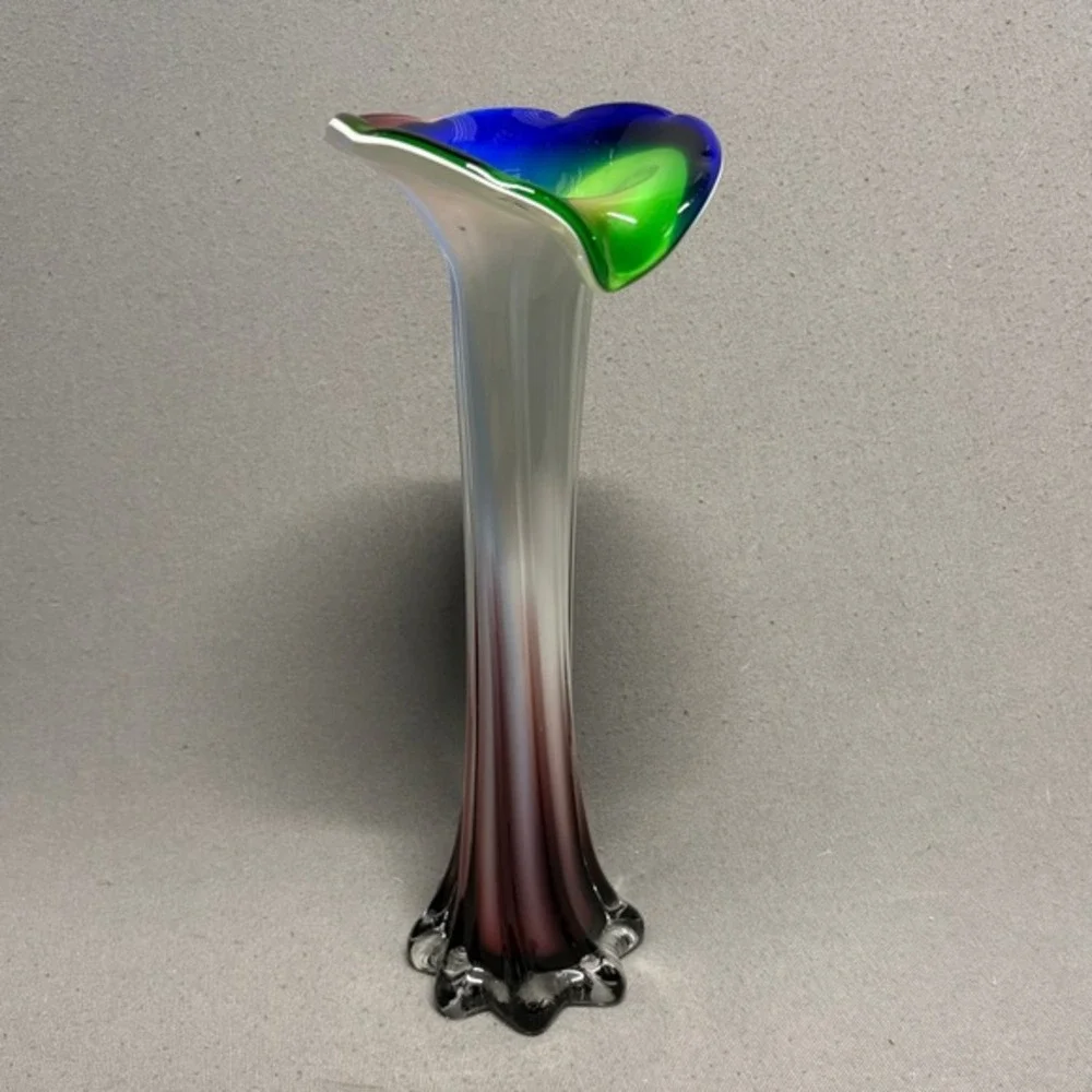 Art Glass Swirl Rim Vase 12in Multicolor Hand-Blown Style Home Decor
